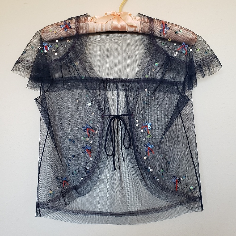 Anthropologie Blue Sequined Sheer Shrug, Small
